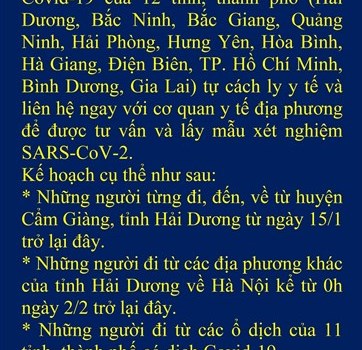 Hà Nội thông báo kế hoạch xét nghiệm SARS-CoV-2 cho người về từ vùng dịch